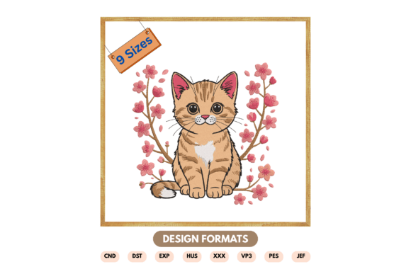 Cat with Cherry Blossom Embroidery File