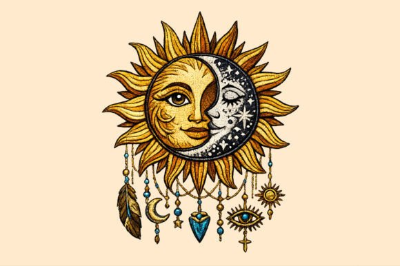 Sun and Moon Face Stars Embroidery Png Review